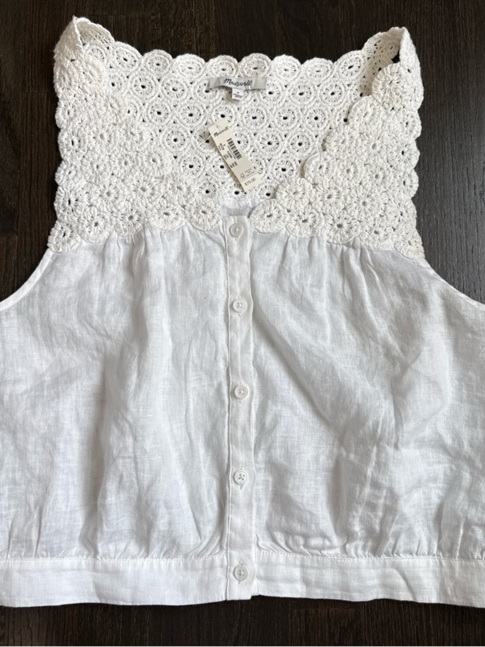 Madewell White Crochet Yoke Button-Front Linen Top
